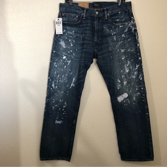 POLO RALPH LAUREN Mens 32x30 The Classic Fit Jeans Whiskered Paint Splash NWT - Picture 2 of 15